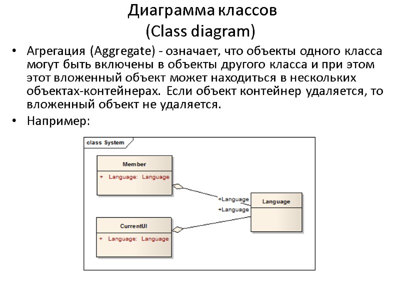 Диаграмма классов (Сlass diagram) Агрегация (Aggregate) - означает, что объекты одного класса могут быть